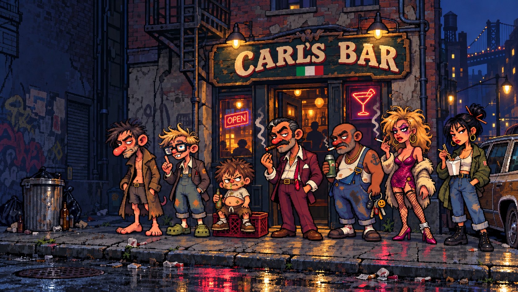 The gang outside Carl’s bar at night